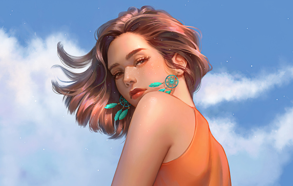 Нарисованная девушка на фоне голубого неба