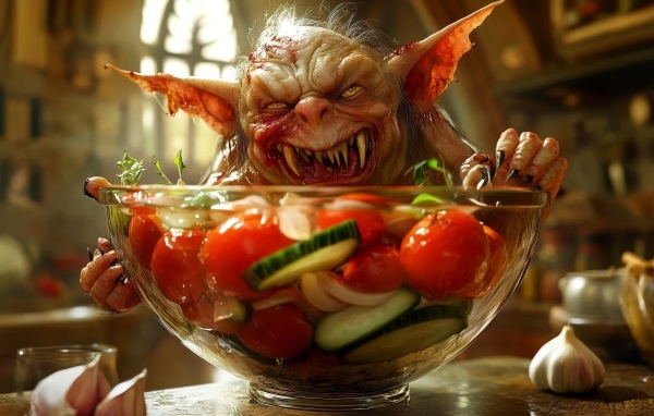 Маленький гремлин с острыми зубами стоит на кухонном столе с чашкой салата в руках
