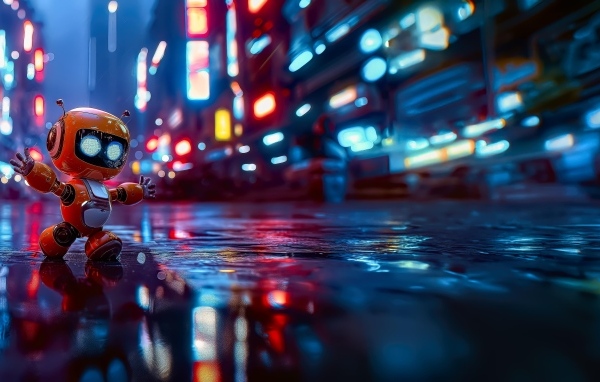 Маленький робот идет по мокрому асфальту в городе