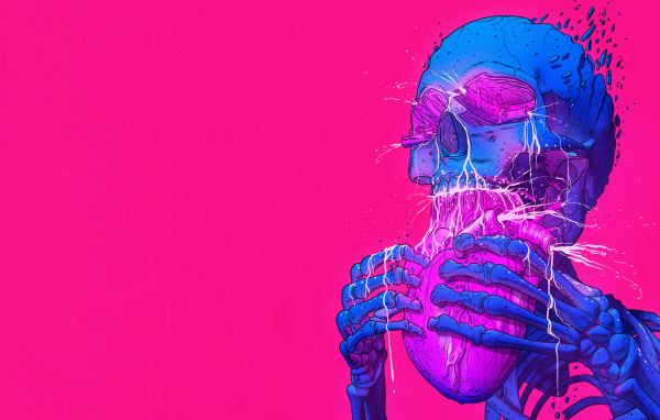 Синий скелет ест сердце на розовом фоне