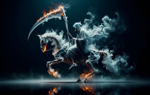 Смерть с косой скачет на скелете лошади в огне и дыму