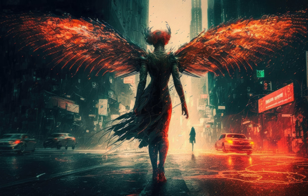 Девушка демон с крыльями на улице в городе