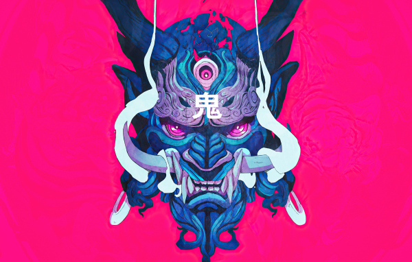 Маска демона на розовом фоне 