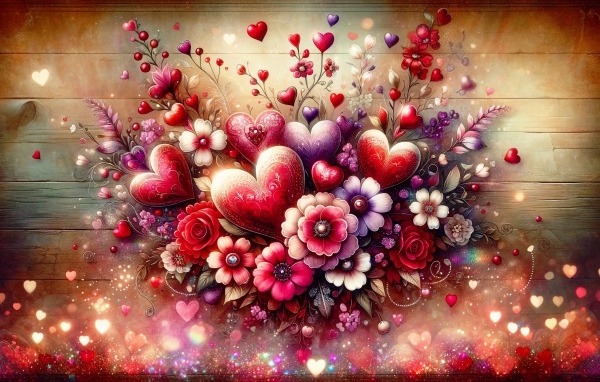 Нарисованные фантастические цветы с сердечками