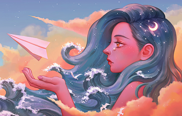Фантастическая длинноволосая девушка с бумажным корабликом
