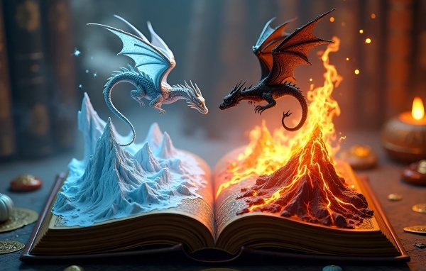 Огненный и снежный драконы парят над книгой