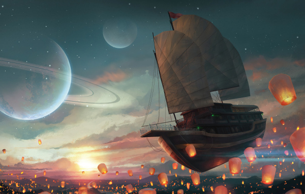 Летающий корабль в небе с китайскими фонариками