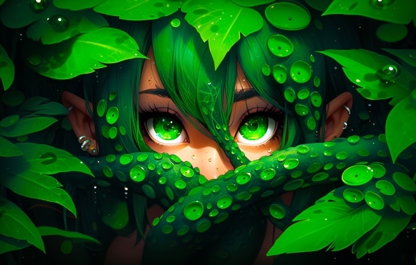 Лесная фея с зелеными глазами в зарослях