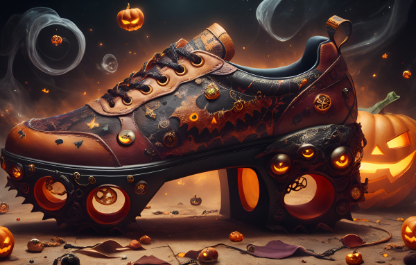 Футуристический кожаный ботинок на фоне светильников Джека в дыму