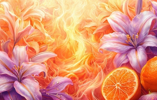 Лилии и апельсины на ярком огненном фоне
