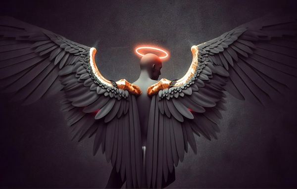 Мужчина с большими крыльями ангела на сером фоне