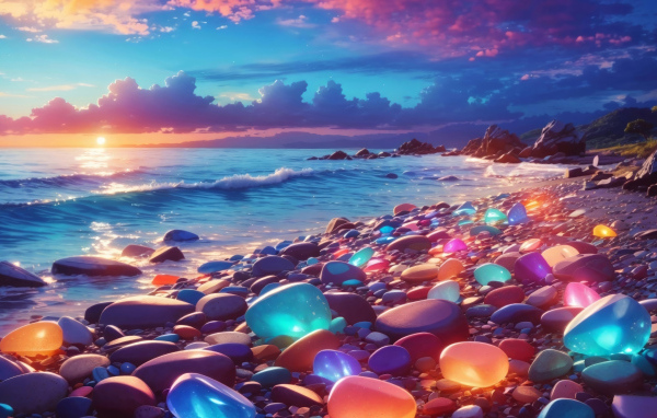 Разноцветные светящиеся камни на берегу моря