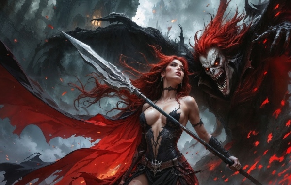 Рыжеволосая девушка с копьем с монстром