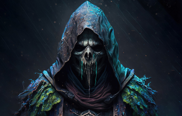 Скелет в плаще с капюшоном на черном фоне