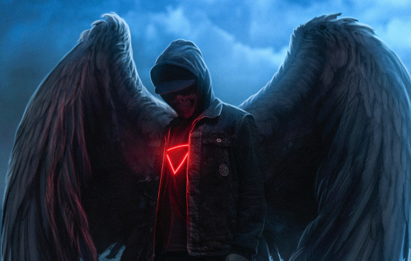 Скелет в куртке с большими крыльями ангела