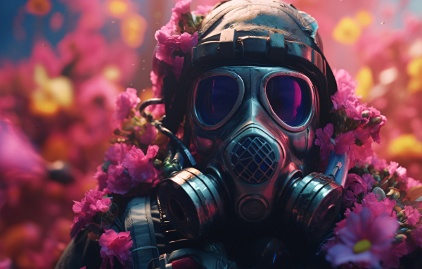 Солдат в противогазе в цветах