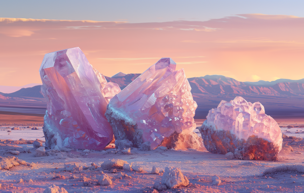 Большие розовые минералы на песке