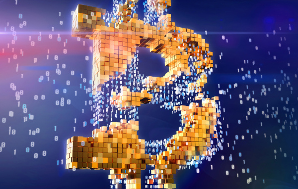 Значок биткоин разрушается на числа и пиксели