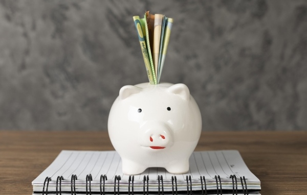 Свинья копилка с купюрами на столе с блокнотом