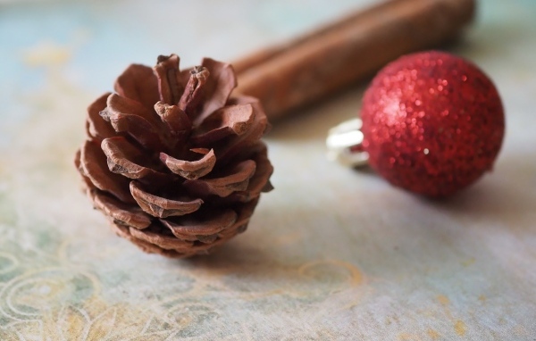 Шишка, шарик и корица на столе