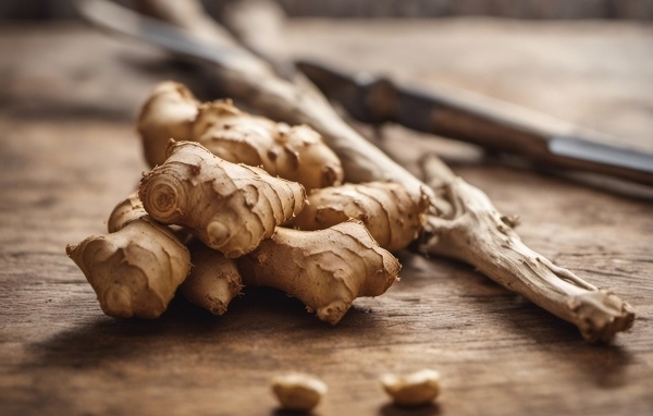 Корень имбиря на столе 