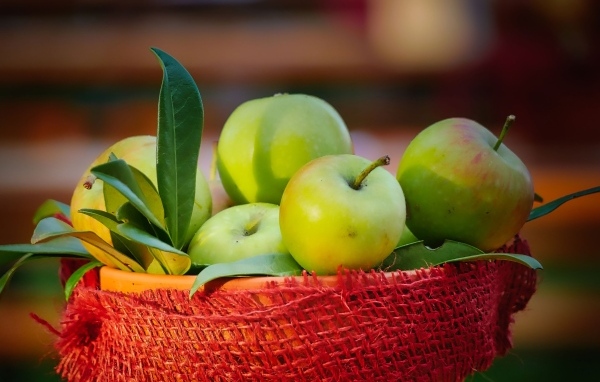 Зеленые яблоки в ведре крупным планом