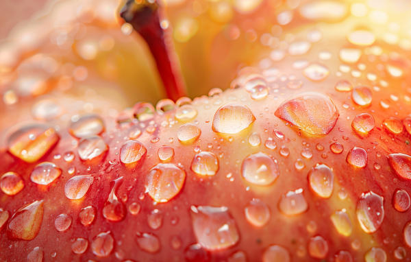 Розовое яблоко в каплях воды