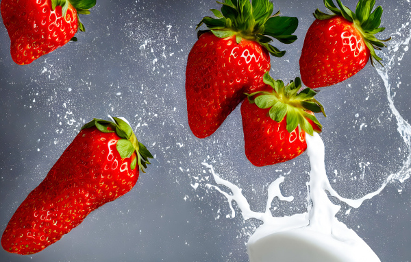 Красная клубника с брызгами молока на сером фоне