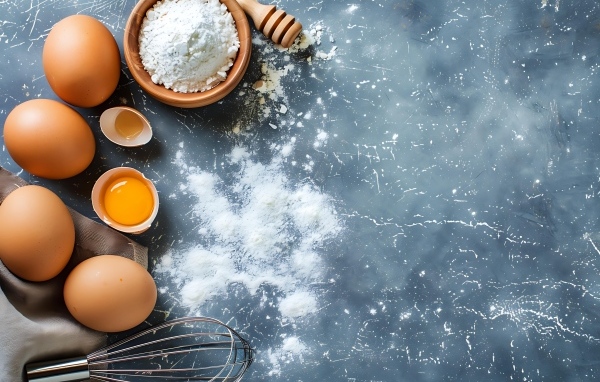 Свежие яйца, мука и венчик на сером столе