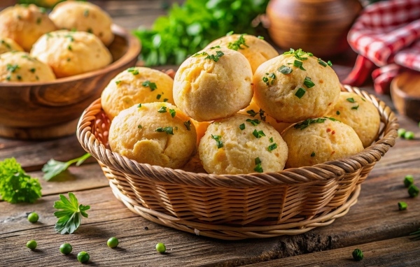 Чесночные булочки в корзине на столе