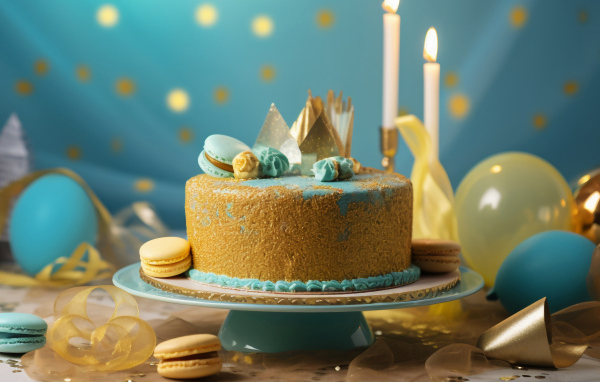 Торт на день рождения в голубой глазури с макарунами