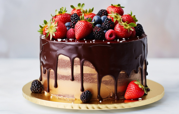 Торт в шоколадной глазури со свежими ягодами