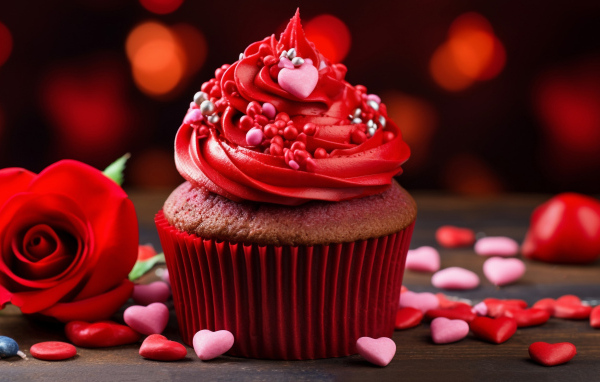 Кекс с красным кремом, розой и конфетами