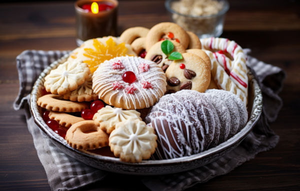 Вкусное разное печенье на столе к празднику