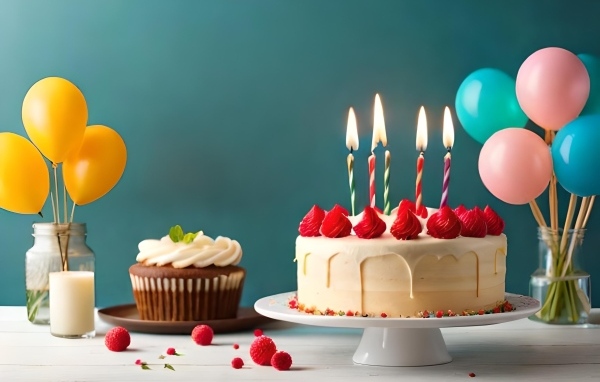 Праздничный торт на столе с шариками