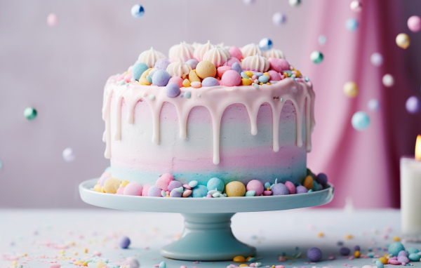 Разноцветный торт украшен конфетами