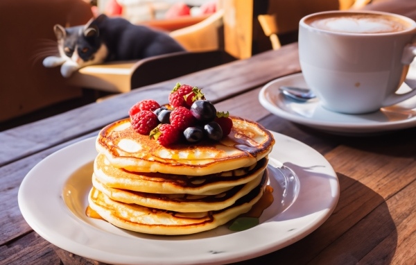 Оладьи с ягодами на столе с кружкой кофе