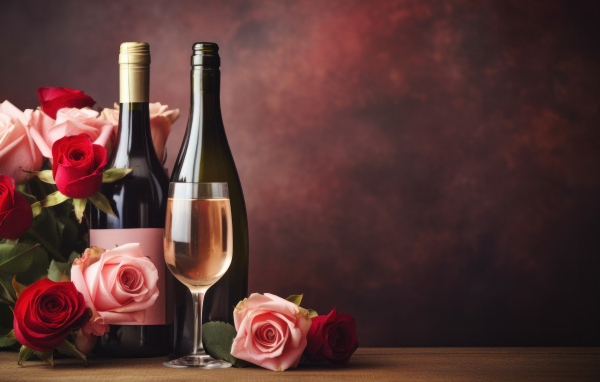 Букет роз на столе с вином