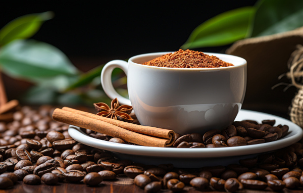 Чашка с молотым кофе на столе с зернами и корицей
