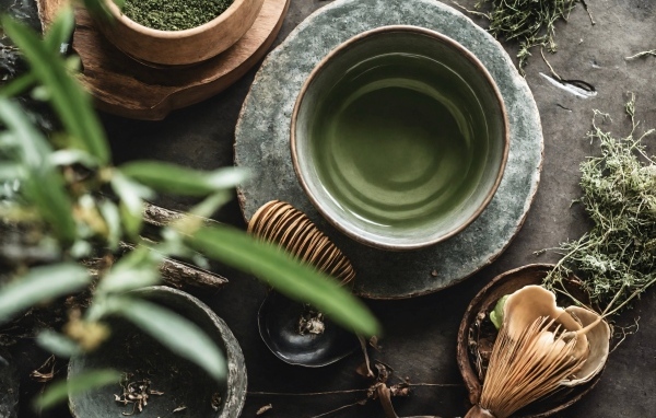 Зеленый чай с посудой на столе