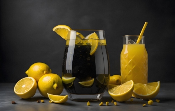 Лимонад на столе с лимонами и соком
