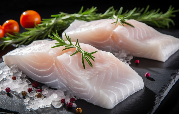 Два куска свежей рыбы на столе с базиликом и помидорами