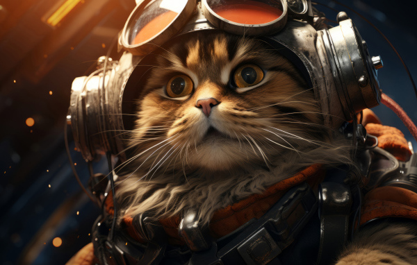 Пушистый серый кот пилот в шлеме