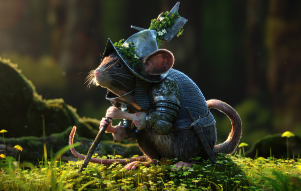 Маленькая мышка в доспехах с оружием