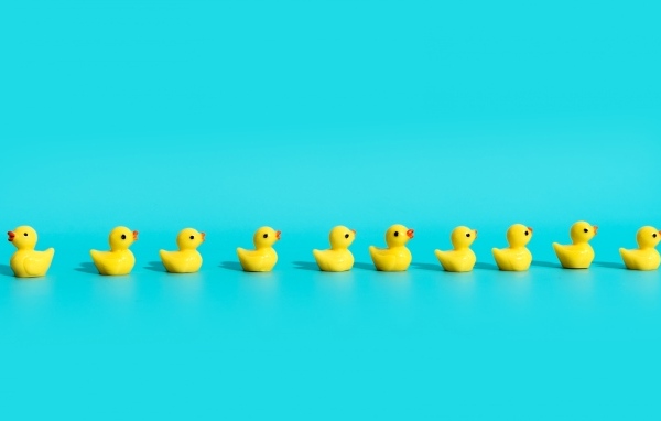 Маленькие игрушечные утята на голубом фоне