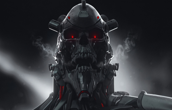 Злой солдат андроид на сером фоне