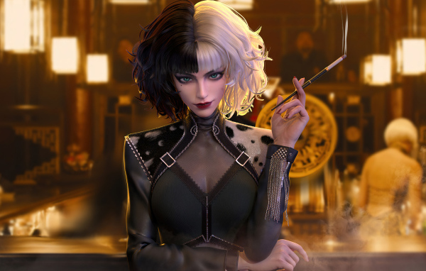 Круэлла с сигаретой в баре