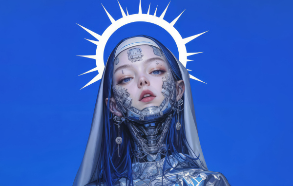 Девушка киборг cyberpunk на синем фоне