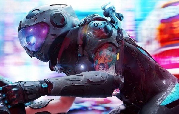 Девушка cyberpunk в костюме на мотоцикле