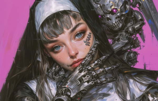 Девушка монашка киборг на розовом фоне